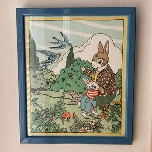 Vintage Framed Cyrus Clark stitched screen print rabbit garden scene